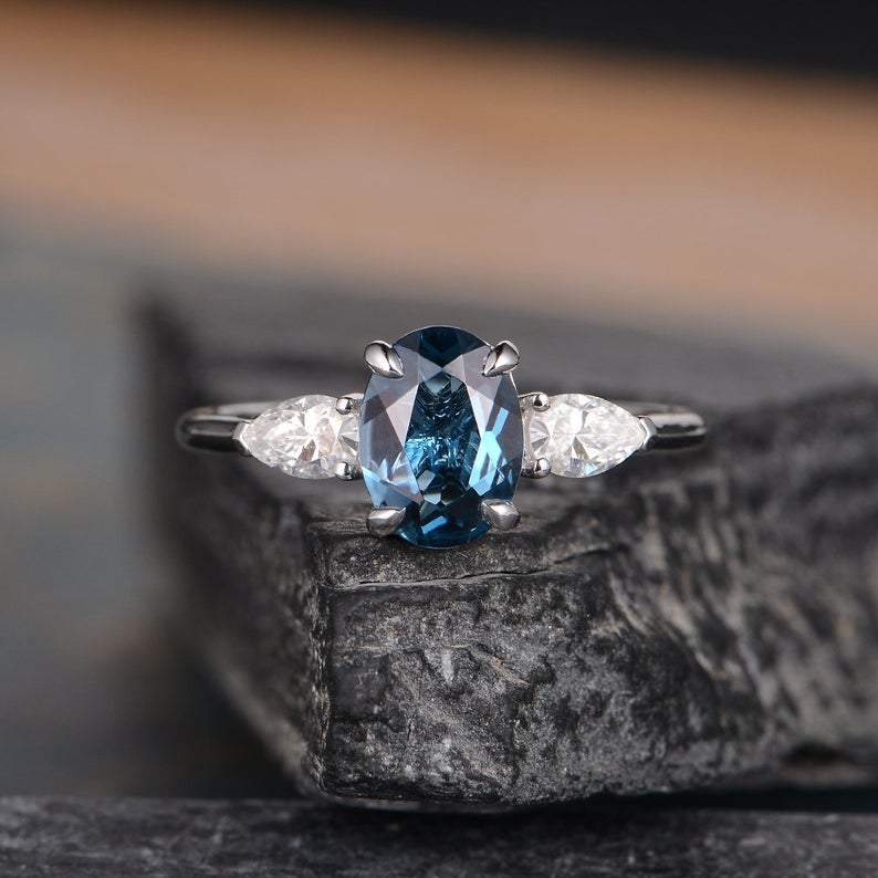 14Kt Gold 3 Stone Solitaire Oval Shape Blue Topaz Pear Cut Natural Diamond Engagement Wedding Ring