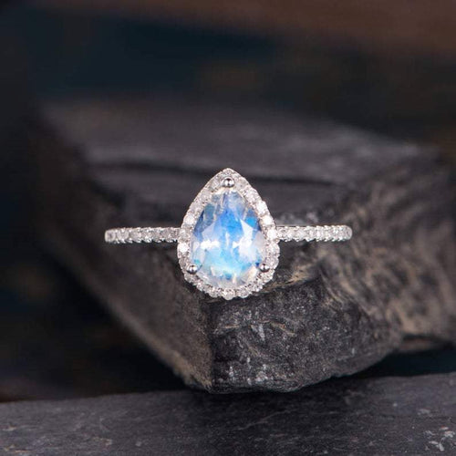 14Kt White Gold Designer Moonstone Pear Shape Diamond Ring by Diamtrendz