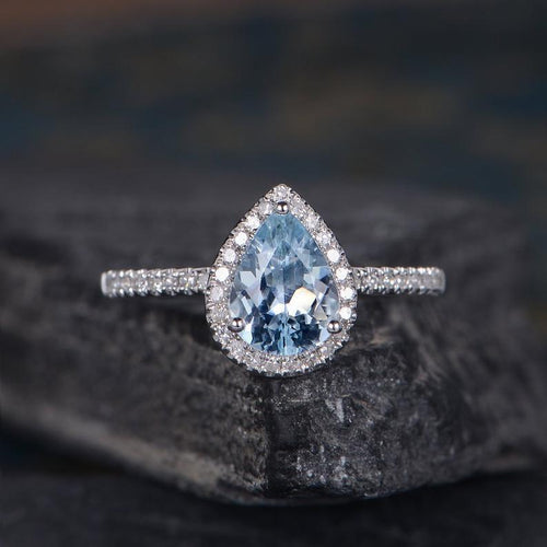 14Kt White gold designer Solitaire Pear Shape Aquamarine, Natural Diamond ring by diamtrendz