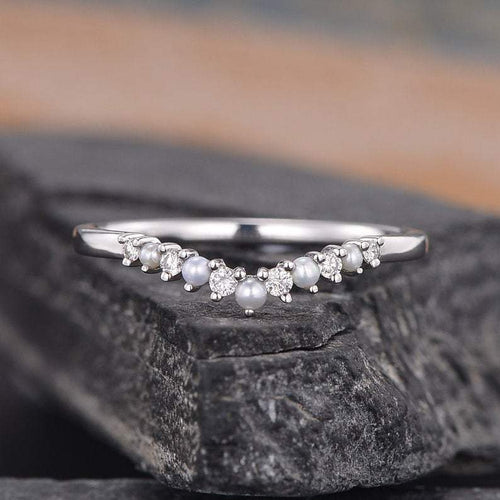 14Kt White gold designer Pearl Chevron V shaped Curved diamond ring by diamtrendz