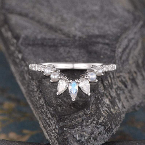 14Kt White gold designer Pear Shape Moonstone Pearl  Natural diamond Band ring by diamtrendz