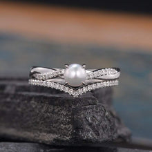 Load image into Gallery viewer, 14Kt White gold designer Pearl, Chevron V Shaped Curved Natural diamond ring by diamtrendz
