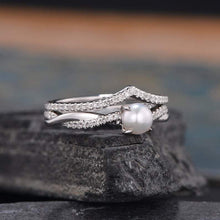 Load image into Gallery viewer, 14Kt White gold designer Pearl, Chevron V Shaped Curved Natural diamond ring by diamtrendz
