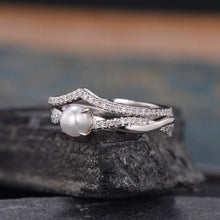 Load image into Gallery viewer, 14Kt White gold designer Pearl, Chevron V Shaped Curved Natural diamond ring by diamtrendz
