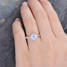 Load image into Gallery viewer, 14Kt White gold designer Solitaire Moonstone, Halo Eternity Natural diamond ring by diamtrendz
