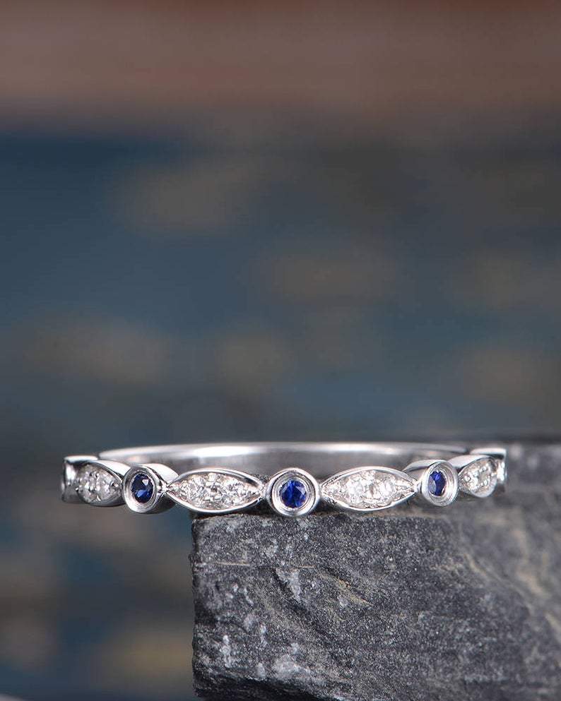14Kt White gold designer Marquise Shape, Sapphire, Half Eternity Natural diamond ring by diamtrendz