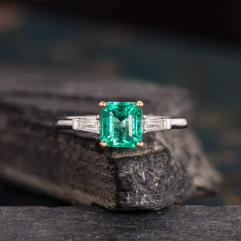 14Kt White gold designerSlotaire Square Emerald, Baguette Cut Natural diamond ring by diamtrendz