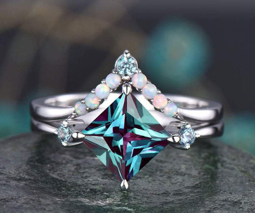 14Kt White gold designer  Solitaire Square Shape Alexandrite, Opal ring by diamtrendz