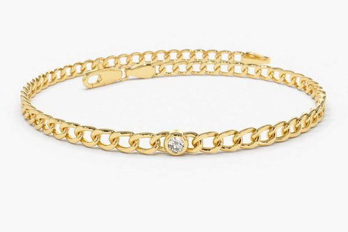 14Kt Yellow Gold 3mm Curb Chain Natural Diamond Charm Bracelet