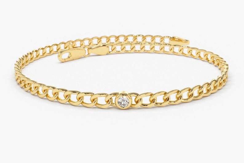 14Kt Yellow Gold 3mm Curb Chain Natural Diamond Charm Bracelet