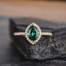 Load image into Gallery viewer, 14Kt Yellow gold designer Solitaire Marquise Shape Emerald, Halo Natural diamond ring by diamtrendz
