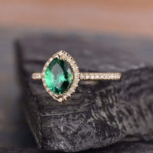 Load image into Gallery viewer, 14Kt Yellow gold designer Solitaire Marquise Shape Emerald, Halo Natural diamond ring by diamtrendz
