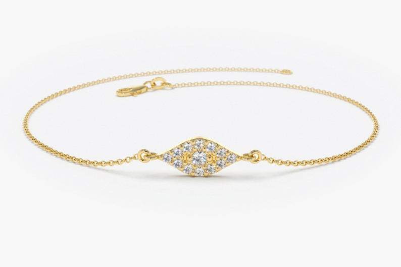 14Kt Yellow Gold Evil Eye Natural Diamond Charm Bracelet