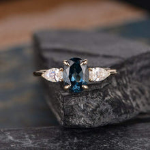 Load image into Gallery viewer, 14Kt Yellow gold designer 3 Stone, Solitaire Oval Shape Blue Topaz, Pear Cut Natural diamond Band ring by diamtrendz
