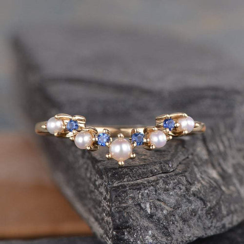 14Kt Yellow gold designer Pearl, Sapphire, Chevron V Shaped Curved Band ring by diamtrendz