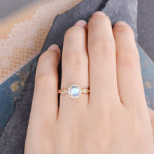 Load image into Gallery viewer, 14Kt Yellow gold designer Solitaire Moonstone, Halo Eternity Natural diamond ring by diamtrendz
