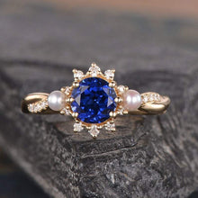 Load image into Gallery viewer, 14Kt Yellow gold designer  Solitare Sapphire, Pearl, Eternity Halo Natural diamond ring by diamtrendz
