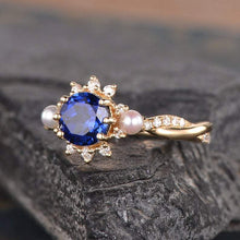 Load image into Gallery viewer, 14Kt Yellow gold designer  Solitare Sapphire, Pearl, Eternity Halo Natural diamond ring by diamtrendz
