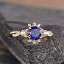 Load image into Gallery viewer, 14Kt Yellow gold designer  Solitare Sapphire, Pearl, Eternity Halo Natural diamond ring by diamtrendz
