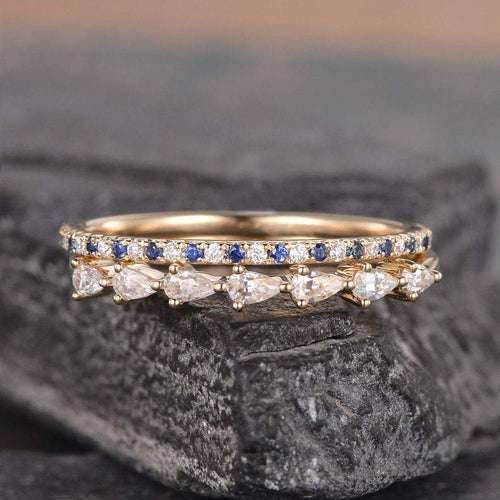 14Kt Yellow gold designer Set 2 Blue Sapphire Eternity Pear Cut Natural diamond Band ring by diamtrendz