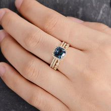 Load image into Gallery viewer, 14Kt Yellow gold designer Set 3 Solitaire Cushion Shape Blue Topaz , Eternity Natural diamond ring by diamtrendz
