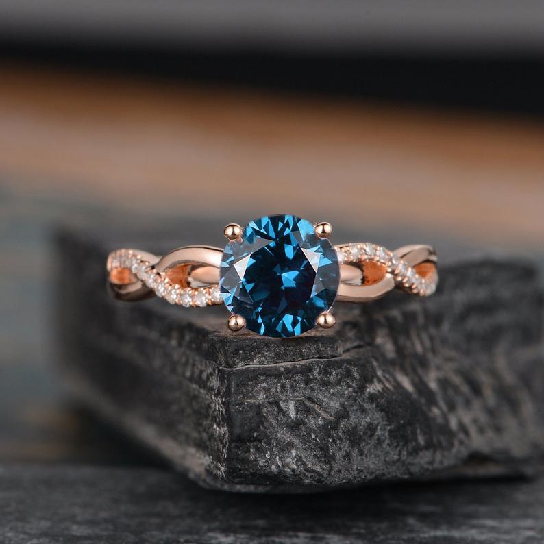 14Kt Rose gold designer Solitaire Blue Topza, Eternity Natural diamond ring by diamtrendz
