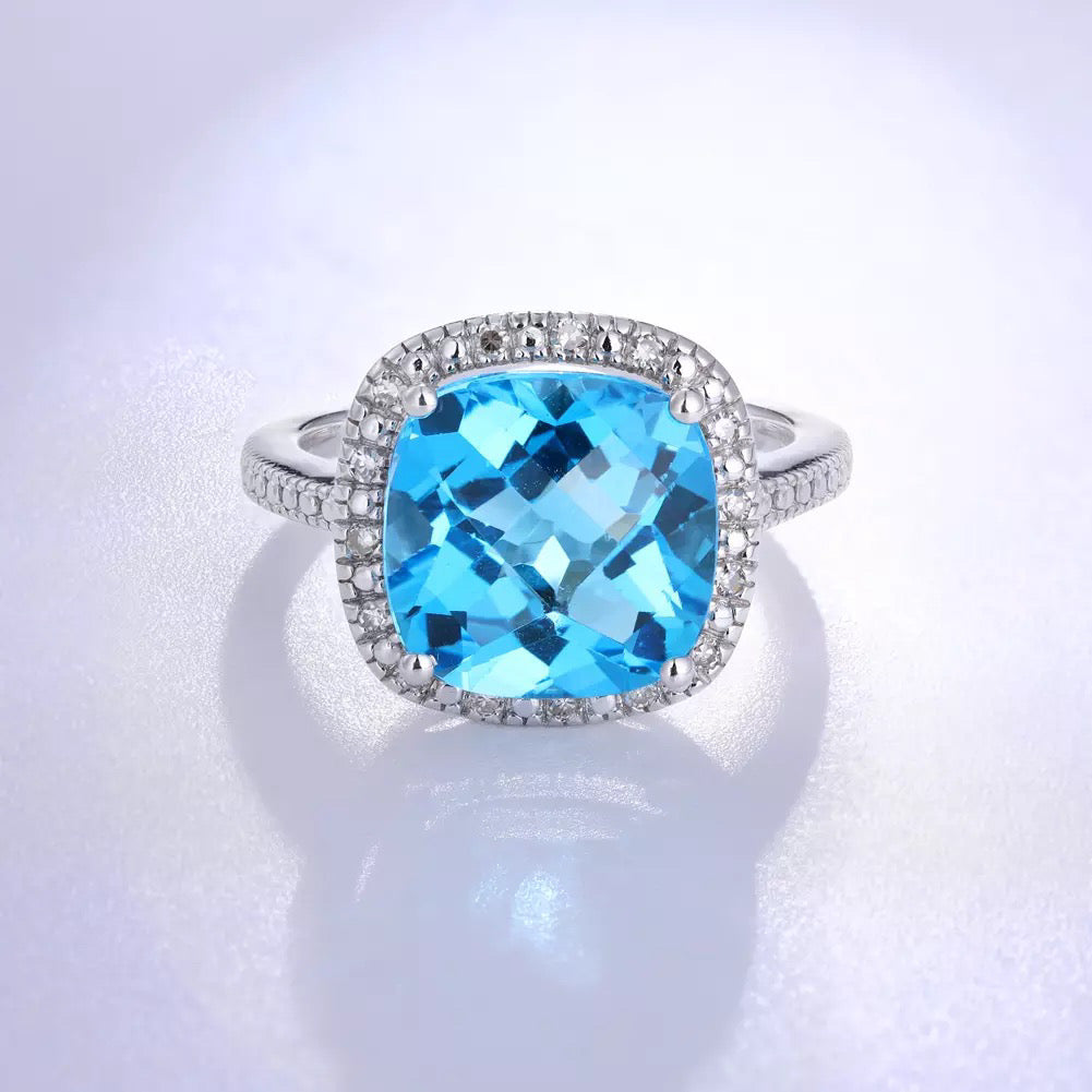 14Kt Gold Cushion Shape Blue Topaz, Natural Diamond Engagement/Wedding Ring